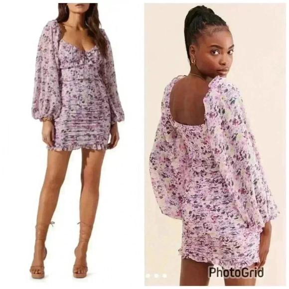 ASTR the Label Ruched Long Sleeve Minidress in Purple Fuchsia Floral. Large. NWT - Picture 1 of 14